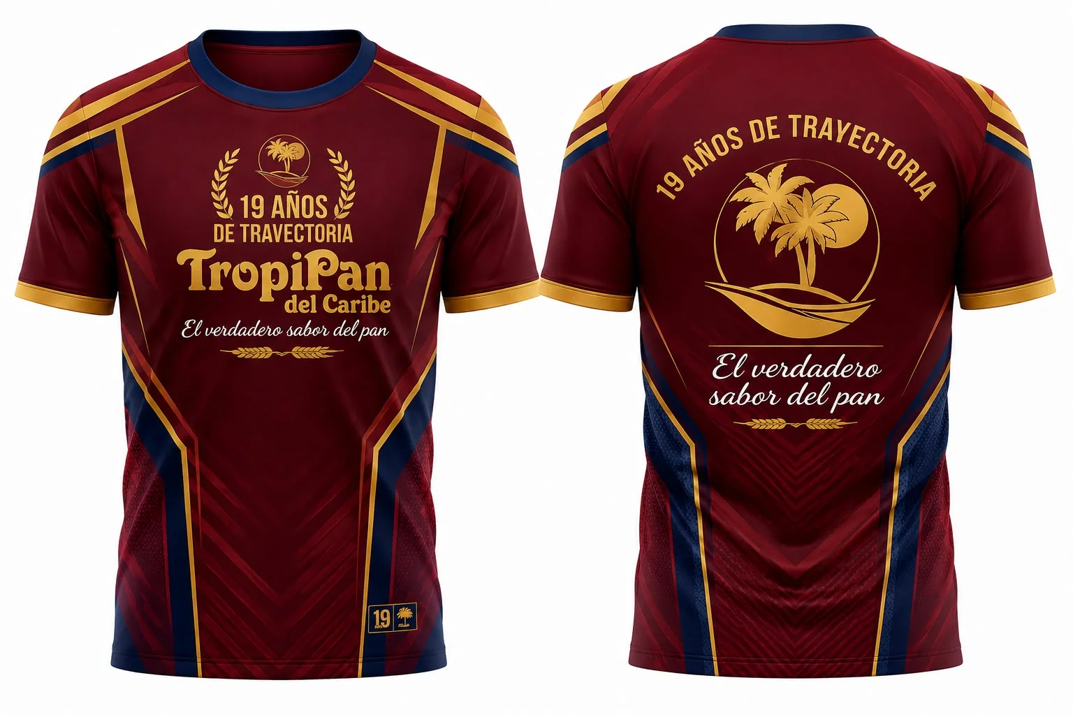 Camiseta conmemorativa de los 19 años de trayectoria de Tropipan del Caribe, en vino tinto, azul y dorado